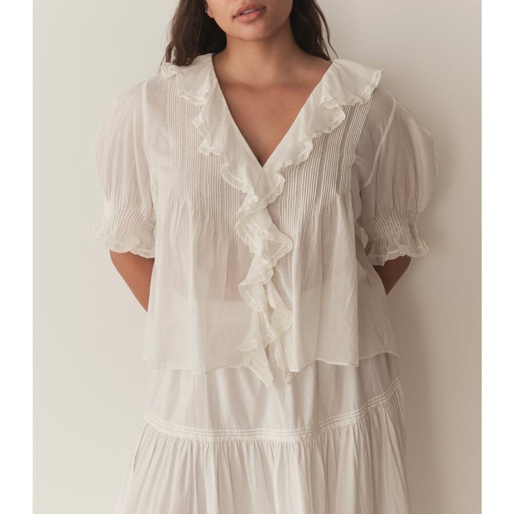 DÔEN Henri Lace-Trimmed Ruffled Cotton-Voile Top - S - Salt - Picture 3 of 3